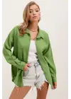 20153 Tek Cepli Oversize Keten Gömlek - E.Yeşil