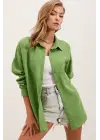 20153 Tek Cepli Oversize Keten Gömlek - E.Yeşil