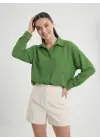 20153 Tek Cepli Oversize Keten Gömlek - G.Yeşil