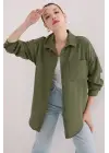 20153 Tek Cepli Oversize Keten Gömlek - Haki