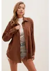 20153 Tek Cepli Oversize Keten Gömlek - Kahverengi
