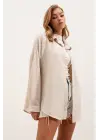 20153 Tek Cepli Oversize Keten Gömlek - Krem