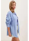 20153 Tek Cepli Oversize Keten Gömlek - Mavi