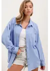 20153 Tek Cepli Oversize Keten Gömlek - Mavi