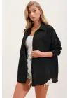 20153 Tek Cepli Oversize Keten Gömlek - Siyah