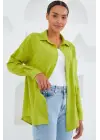 20153 Tek Cepli Oversize Keten Gömlek - Yağ Yeşil