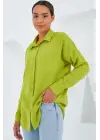 20153 Tek Cepli Oversize Keten Gömlek - Yağ Yeşil