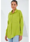 20153 Tek Cepli Oversize Keten Gömlek - Yağ Yeşil