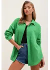 20153 Tek Cepli Oversize Keten Gömlek - Yeşil