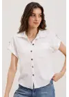 20187 Kısa Kol Oversize Örme Gömlek - Beyaz