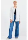 20208 Çizgili Oversize Uzun Basic Gömlek - Beyaz