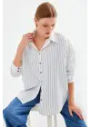 20208 Çizgili Oversize Uzun Basic Gömlek - Beyaz