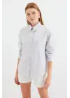 20212 Tek Cepli Çizgili Oversize Gömlek - Bej