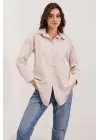 20217 Cep Detaylı Çizgili Oversize Gömlek - Bej
