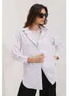 20217 Cep Detaylı Çizgili Oversize Gömlek - Beyaz