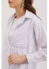 20217 Cep Detaylı Çizgili Oversize Gömlek - Beyaz