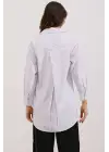 20217 Cep Detaylı Çizgili Oversize Gömlek - Beyaz