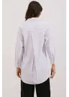 20217 Cep Detaylı Çizgili Oversize Gömlek - Beyaz