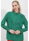 20223 Fırfırlı Uzun Kol Gömlek - Zümrüt Yeşili