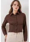 20231 Slim Fit Poplin Gömlek - Kahverengi