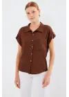 20256 Manşetli Double Kısa Kollu Gömlek - Kahverengi