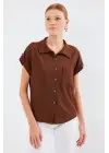 20256 Manşetli Double Kısa Kollu Gömlek - Kahverengi