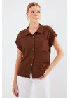 20256 Manşetli Double Kısa Kollu Gömlek - Kahverengi