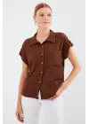 20256 Manşetli Double Kısa Kollu Gömlek - Kahverengi
