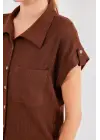 20256 Manşetli Double Kısa Kollu Gömlek - Kahverengi