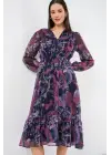 2137 Desenli Şifon Elbise - Koyu Lila