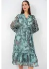2137 Desenli Şifon Elbise - Mint Yeşili