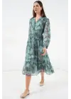 2137 Desenli Şifon Elbise - Mint Yeşili