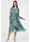 2137 Desenli Şifon Elbise - Mint Yeşili