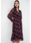 2137 Desenli Şifon Elbise - Mor