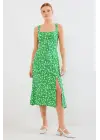 2282 Yırtmaçlı Askılı Viskon Elbise - Yeşil