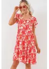 2352 V Yaka Kısa Elbise - Kırmızı