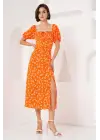 2387 Yırtmaç Detaylı Elbise - Turuncu