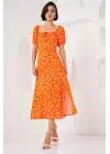 2387 Yırtmaç Detaylı Elbise - Turuncu