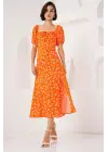 2387 Yırtmaç Detaylı Elbise - Turuncu