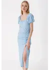 2396 Yırtmaçlı Yazlık Örme Elbise - Mavi