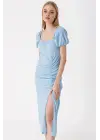 2396 Yırtmaçlı Yazlık Örme Elbise - Mavi