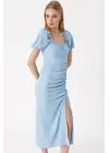2396 Yırtmaçlı Yazlık Örme Elbise - Mavi