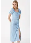 2396 Yırtmaçlı Yazlık Örme Elbise - Mavi