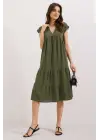 2398 V Yaka Volanlı Elbise - Haki