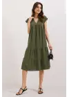 2398 V Yaka Volanlı Elbise - Haki