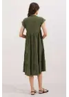 2398 V Yaka Volanlı Elbise - Haki