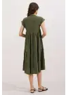 2398 V Yaka Volanlı Elbise - Haki