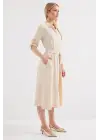 2442 Kuşaklı Gömlek Elbise - Krem
