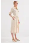 2442 Kuşaklı Gömlek Elbise - Krem