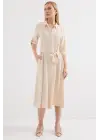 2442 Kuşaklı Gömlek Elbise - Krem